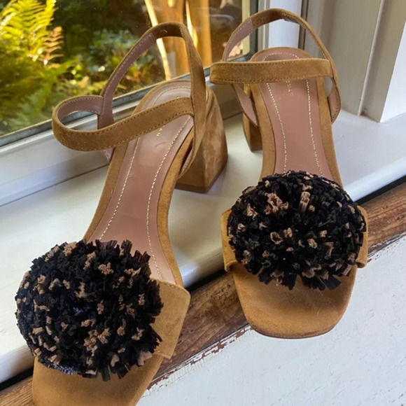 Zara Tan Suede Raffia Pom Pom Strappy Sandals 38 - Picture 8 of 13